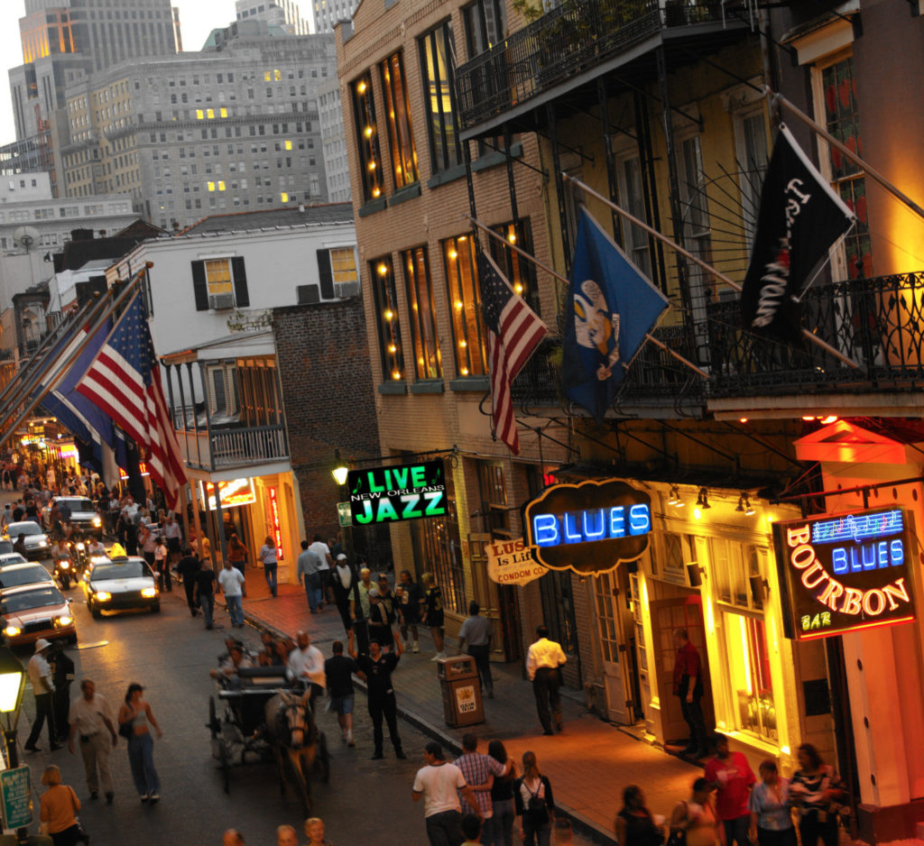 Nightlife on Bourbon Street in the French Quarter of New Orleans in Louisiana in the United States of America